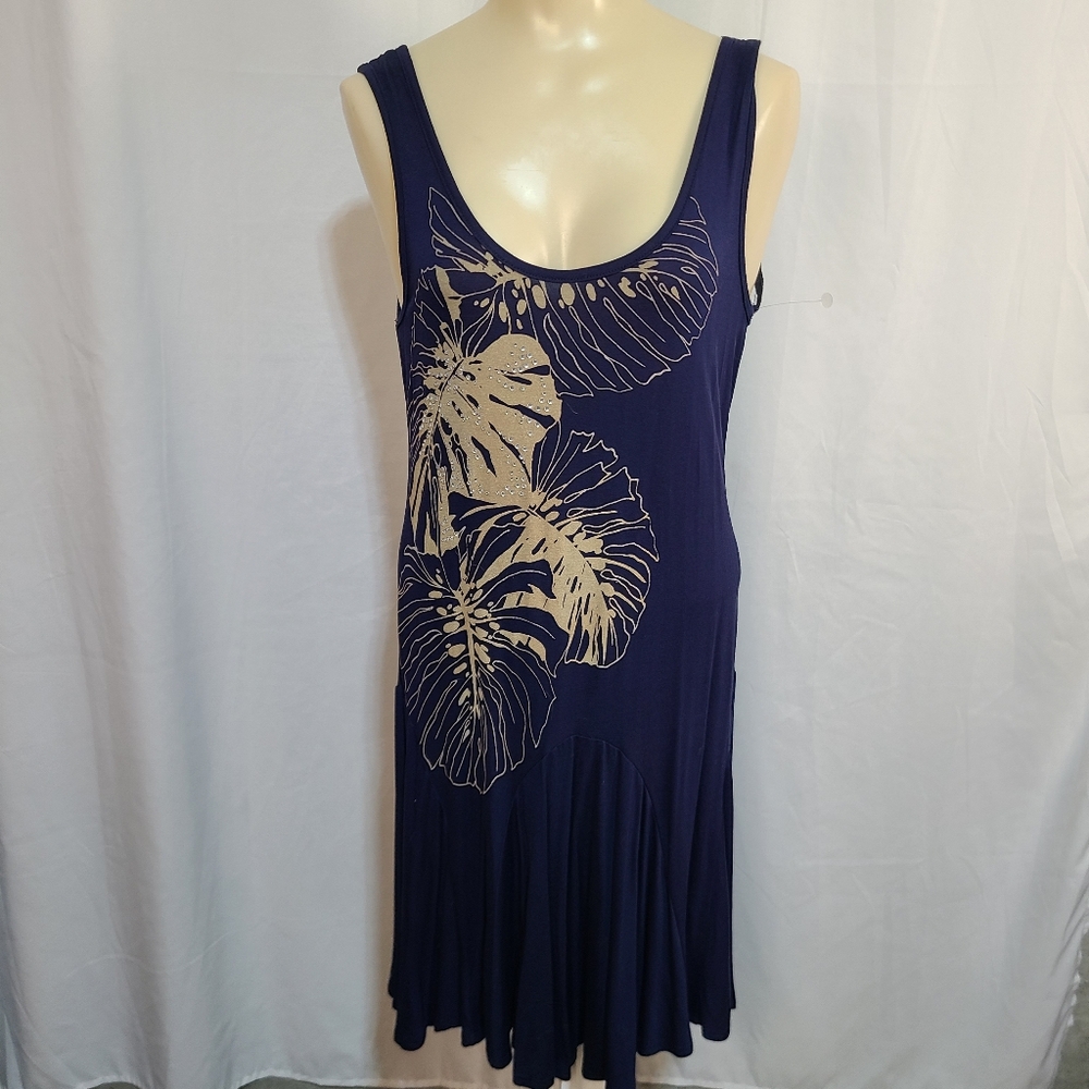 Monteau Navy Blue Sleeveless Dress M Floral With Sequins Beach Resort Summer